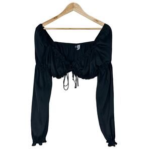 H&M Puff Sleeve Crop Top Womens M Black Satin Fairy Cottagecore Whimsigoth Y2K